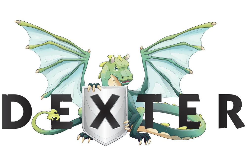 Illustratie van een groene draak met een schild waarop een X staat, achter de naam Dexter.